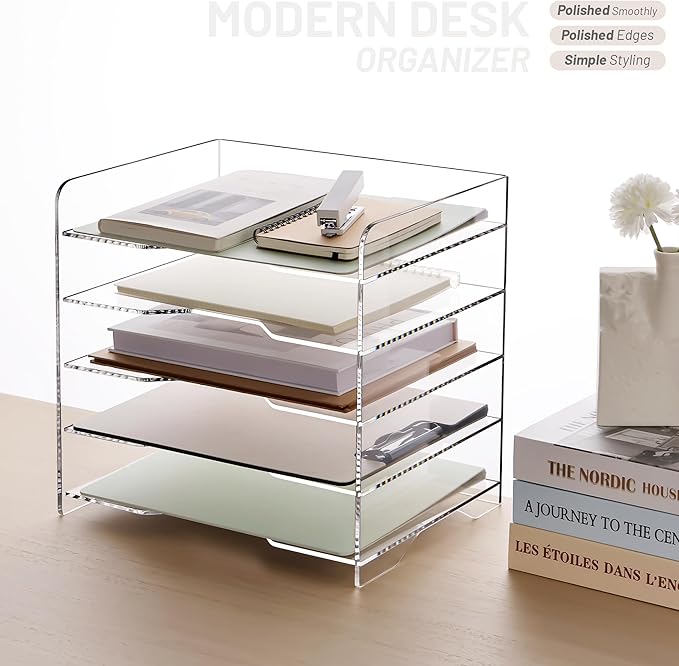 SANRUI Acrylic Desk File Organizer 5 Tier Letter Tray Paper Organizer with Handle for Office, Home, Classroom Clear Desk Organizer Document Holder