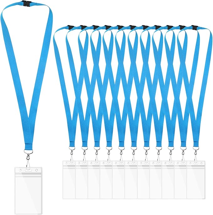 12-Pack Sky Blue Breakaway Lanyards with Waterproof Badge Holders, Polyester Neck Straps for ID Cards, Events, Office, and Schools