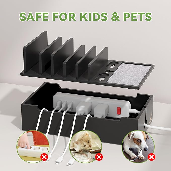 Pezin & Hulin Multi Charger Station Organizer, 5-Port USB Charger Dock with 6 Cables, Cable Management Box, Cord Organizer for Desk, Wire Organizers and Storage for Cords and Power Strip -Black