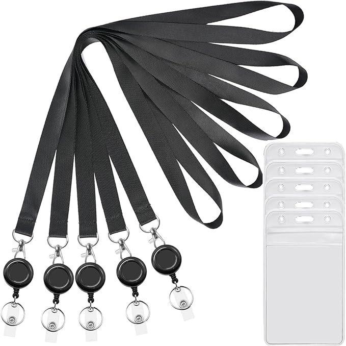 YOUOWO 5 Pack Black Lanyards with Vertical ID Badges Holder and Retractable Badge Reels,Neck Lanyard for Keys Card Holder