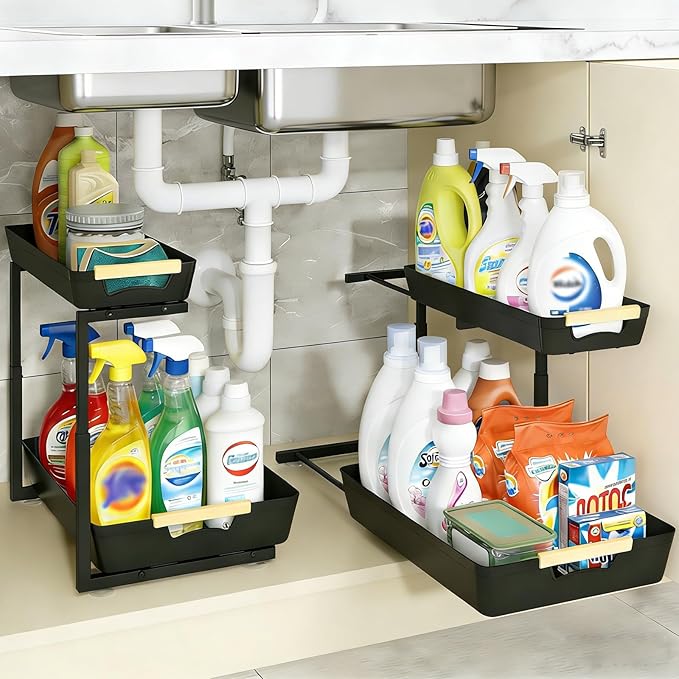 AMEDELE 2 Pack Under Sink Organizer,2 Tier Pull Out Adjustable Height Under Cabinet Storage,Under Sink Storage for Kitchen Bathroom Cabinet