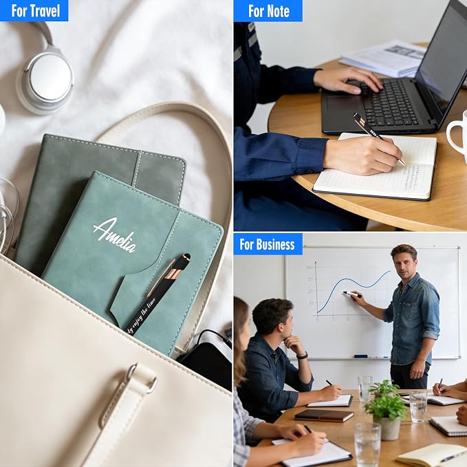 ENOMY Personalized Notebook Journal & 10 PC Pens Set Custom Notebook with Pen 240 Pages A5 Hardcover Journal for Men Women Leather Notebook for Work College Graduation Gifts, Black