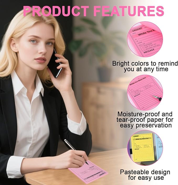 9 Pcs Sticky Phone Message Pad, 5.1×3.9 Inch While You were Out Message Pad, Self-Adhesive Sticky Notes, Fluorescent Color Telephone Notes for Office School Home, 50 Sheets/Pack (9 Colors)