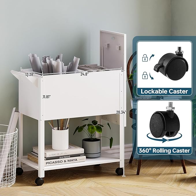 Mobile File Cart with Lock, Rolling File Cabinet Hanging Letter/Legal File Folders with Lockable Sliding Cover, White File Organizer on Wheels