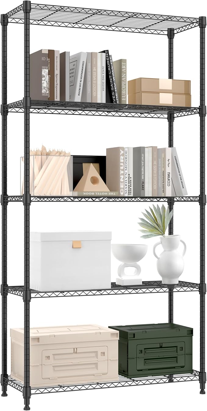 M MZG 1250 lbs 5 Tier Shelf Metal Storage Shelves Shelving Wire Rack Heavy Duty Closet Organizers for Garage Kitchen Bathroom Laundry Black 13.8" D x 35.4" W x 68.5" H