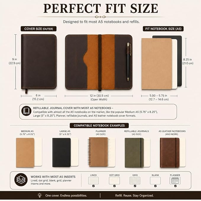 Full Grain Leather A5 Journal Cover for 5.75 x 8.25 in Hardcover Notebook, Refillable Leather Notebook Cover with Pen Loop, Compatible with Leuchtturm1917, Moleskine & A5 Planners, Handmade (Dark Brown)