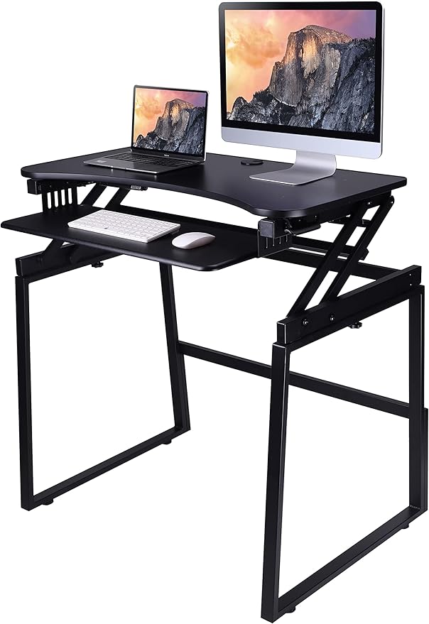 Rocelco 37.5" Height Adjustable Standing Desk Converter with Floor Stand Bundle - Slide Out Retractable Keyboard Tray - Sit Stand Up Dual Monitor Riser - Computer Workstation - Black (R DADRB-STFS)