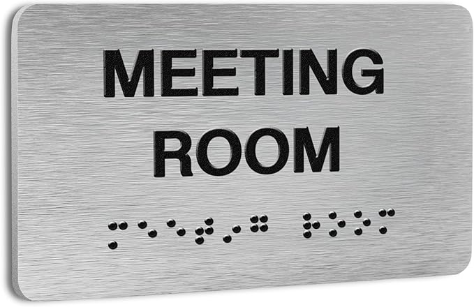 Meeting Room Signs for Business and Office Sign, ADA Signs with Raised Text & Grade 2 Braille, Easy Installation with Adhesive Pad – Brushed Aluminum/Silver
