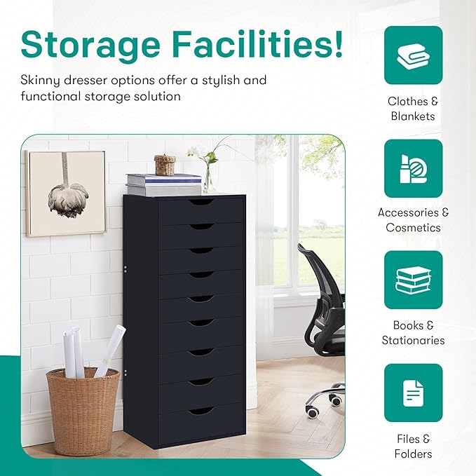 Naomi Home Bianca 9-Drawer Craft & Office Storage Cabinet, Black – Ultimate Rolling Organizer for Arts & Files, Ample Space in Compact Form, 15.7" D x 18.9" W x 39.3" H
