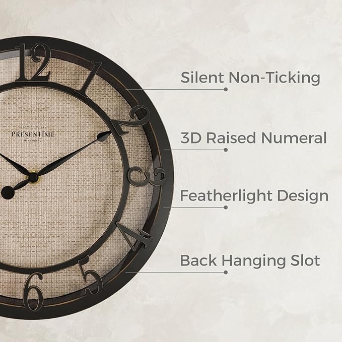 Presentime & Co 10" Farmhouse Series Wall Clock, Cottage Style, Faux Burlap Design, Silent no Ticking, Oil Rubbed Bronze Finish