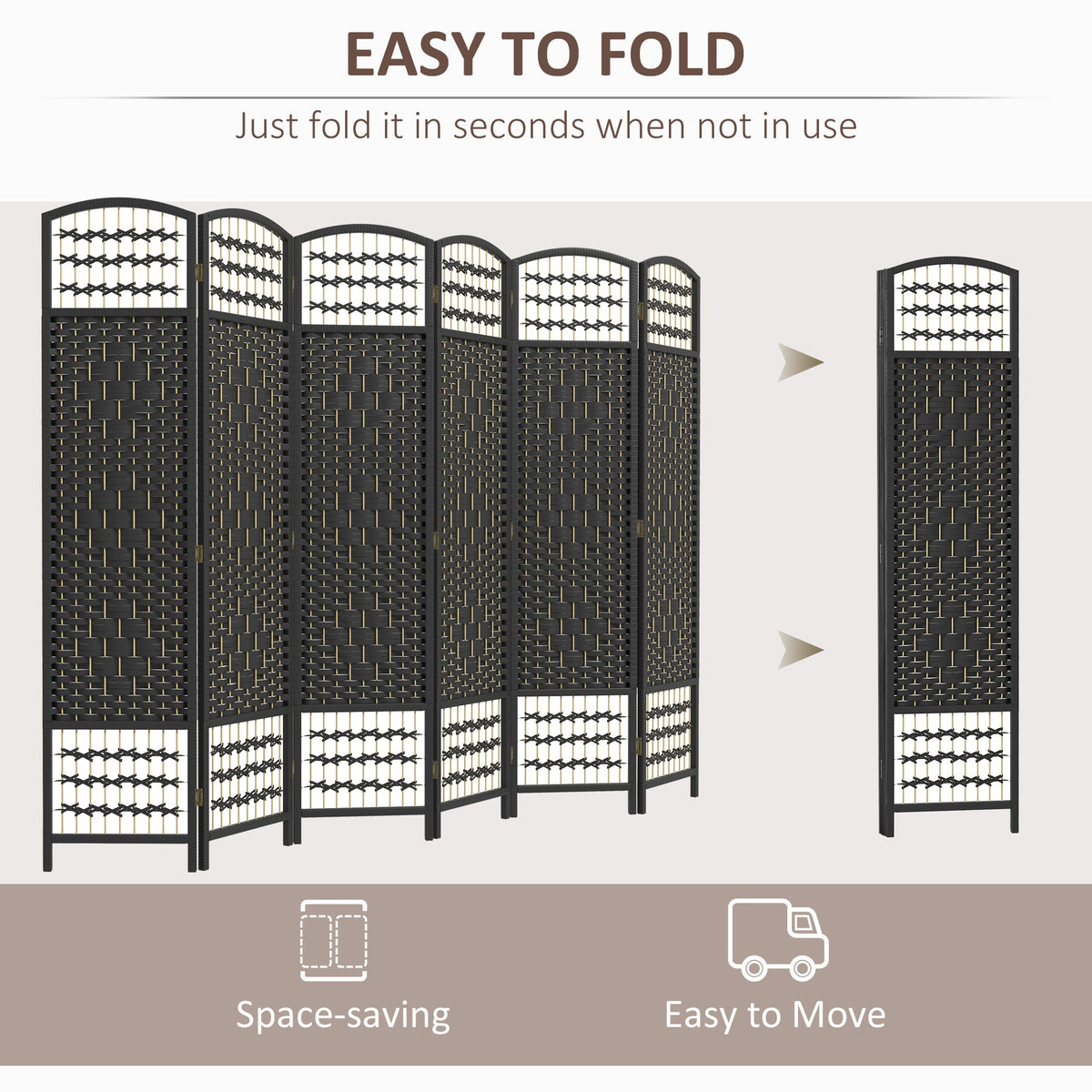 6 Panel Folding Room Divider Portable Privacy Screen Wave Fiber Room Partition for Home Office Black