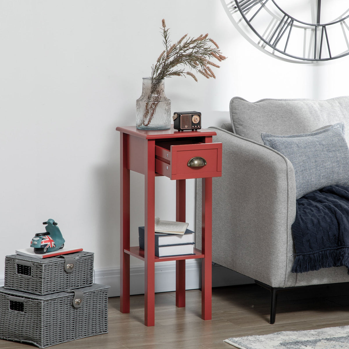 2-Tier Nightstand, Side Table with Drawer and Shelf for Living Room or Bedroom, Set of 2, Red