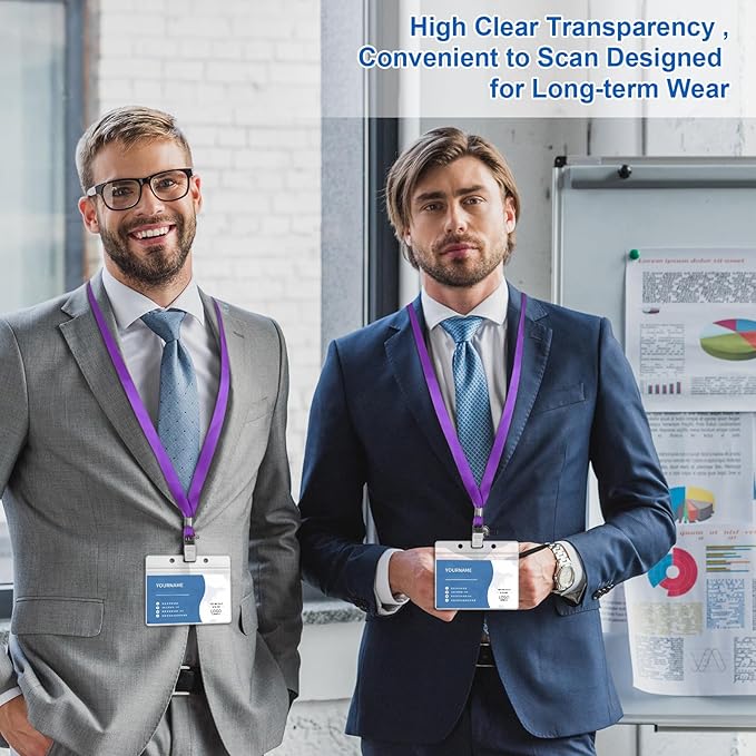 100 Pcs Lanyards for ID Badges and 100 Pcs Clear Name Tag Holders Reusable Lanyard with Clip Plastic ID Card Badge Holder Name Badges for Adults Kids Business School Office Supplies (Purple)