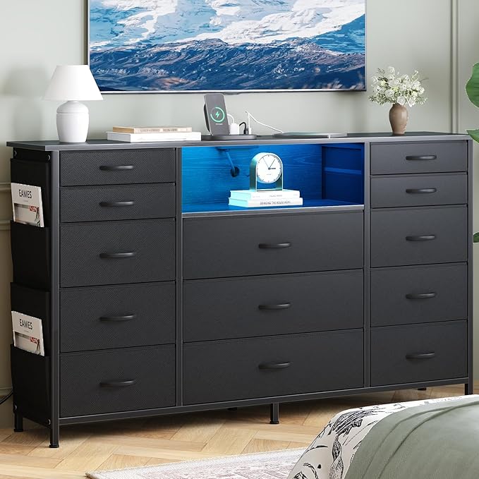 HCHQHS 47 Inch Dresser for Bedroom with 13 Drawers,Side Pockets Hooks and Lights with Remote Control,Hallway,Closet,Kitchen,Large TV Stand (Black)