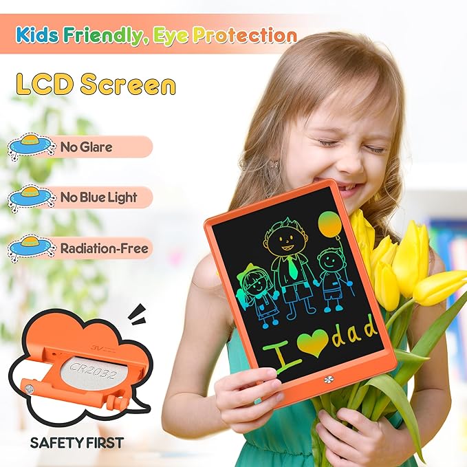 FLUESTON LCD Writing Tablet, Doodle Board Toys Gifts for 3-8 Year Old Girls Boys, 10 Inch Colorful Electronic Board Drawing Pad for Kids, Christmas Gifts for Toddler Educational Learning Travel,Orange