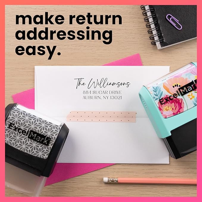 ExcelMark Address Stamp - Custom Return Address Stamp with Elegant Designs, Vibrant Colors & Patterns – Perfect for Mail, Invitations & Gifts (Black Mount, Santa Catalina)