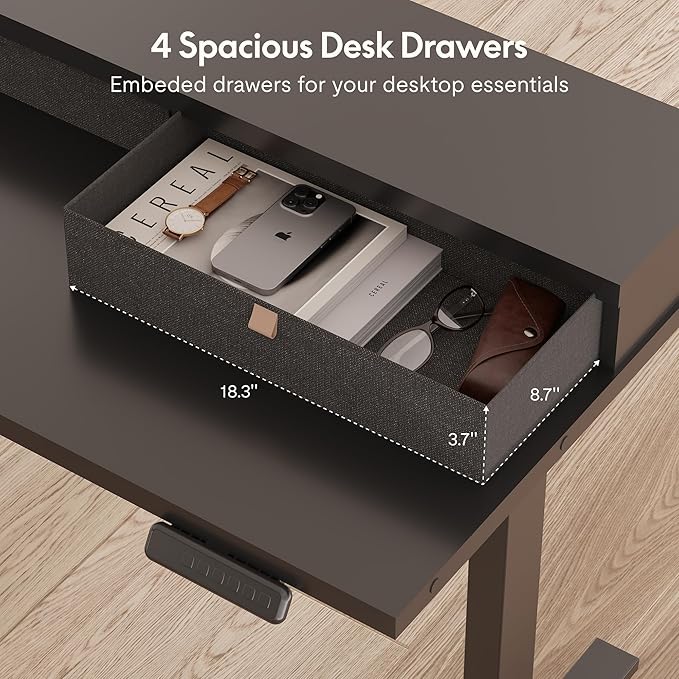FLEXISPOT 71" Large L Shaped Standing Desk Electric Corner Table with Shelf, 4 Storage Drawers, Adjustable Computer Workstation for Home, Office, Game, Studio, Black Top + Black Frame
