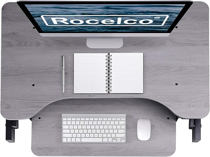 Rocelco 32" Height Adjustable Standing Desk Converter - Quick Sit Stand Up Dual Monitor Riser - Gas Spring Assist Tabletop Computer Workstation - Large Retractable Keyboard Tray - Grey (R ADRG)