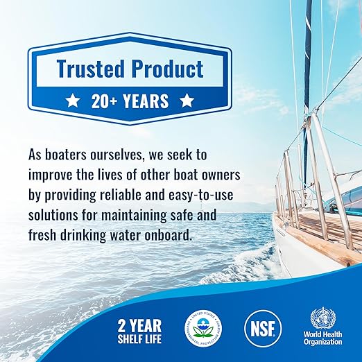 Aquatabs Water Purification Tablets for Drinking - 100 Tablets + 2 Chlorine Test Strips - Water Purifier Starter Kit - for Boat and RV Tanks - by Aquamarine Water Solutions