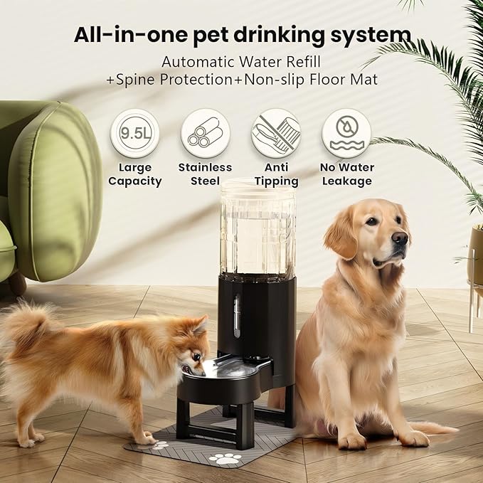 CZPET Elevated Dog Water Bowl Dispenser with Mat for Large Dogs,Tall Raised Pet Waterer Stand,Relieve Neck Pressure,Large Capacity and Drinking Area Noise-Free for Pets Dogs (9.5L+Stand+Mat,Black)