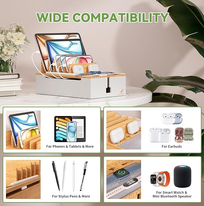 Pezin & Hulin Bamboo Charging Station, Electronic Devices Organizer for Multiple Devices Charger Such As Cell Phone, Tablet, Watch and More, Natural+White, (No USB Charger and Cables