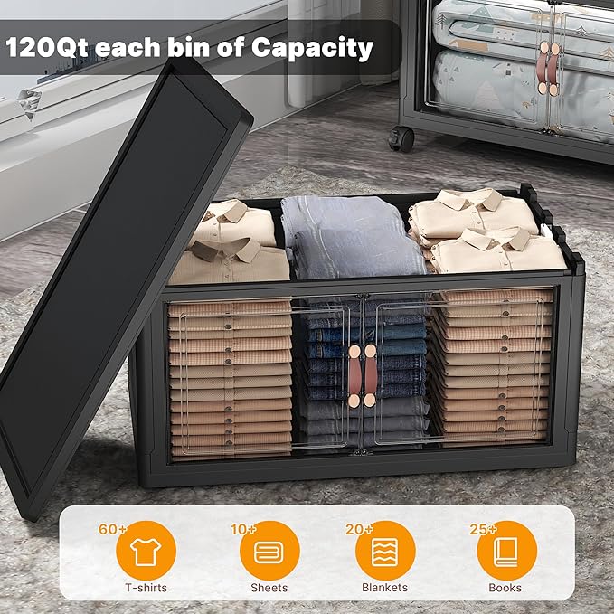 UAMFURI Extra Large Stackable Storage Bins with Lids & Wheels & Door, 896QT-112QT/28GAL*8Pack Foldable Collapsible Closet Organizers, Plastic containers drawers for bedroom Dorm