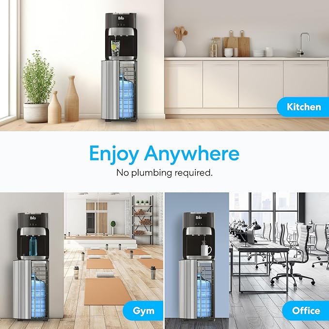 Brio Bottom Loading Water Cooler Dispenser for 5 Gallon Bottles - 3 Temperatures with Hot, Room & Cold Spouts, Child Safety Lock, LED Display with Empty Bottle Alert, Stainless Steel