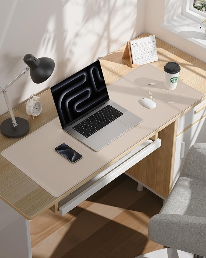 AFIING Leather Desk Pad Protector, Office Mat, Large Mouse Pad, Non-Slip PU Leather Blotter, Waterproof Writing Pad for Office and Home (Beige)