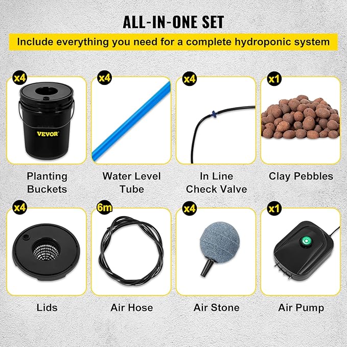 VEVOR DWC Hydroponic System, 5 Gallon 4 Buckets, Deep Water Culture Growing Bucket, Hydroponics Grow Kit with Pump, Air Stone and Water Level Device, for Indoor/Outdoor Leafy Vegetables