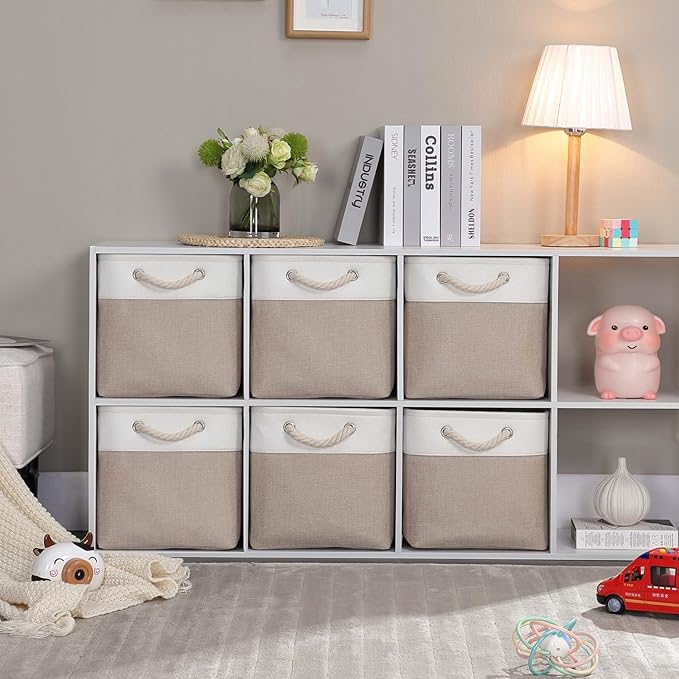 Mangata Canvas Storage Boxes, 13 Inch Cube Storage Bins Set of 6, Fabric Baskets with Cotton Rope Handle for Organizing Clothes Nursery Home (Khaki/White)