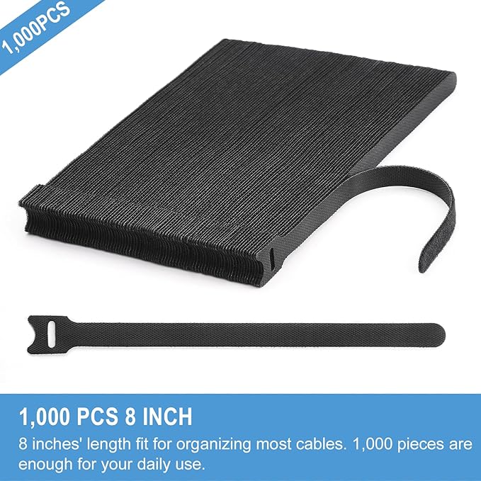1,000 PCS 8 Inches Reusable Cable Ties | Adjustable Cord Wraps, Cable Straps | Hook & Loop Cord Organizer, Cable Management (100 PCS x 10 Packs)