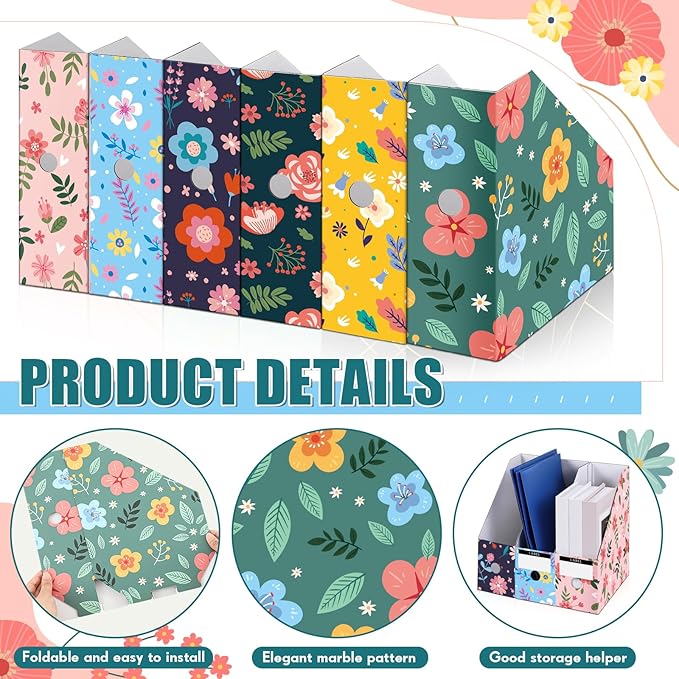 PerKoop 12 Pcs Magazine File Holder Foldable Decorative Cardboard File Folders 6 Patterns Floral Colored Magazine Rack with Printable Sticker Labels for School Office Home Desk (Flower Design)