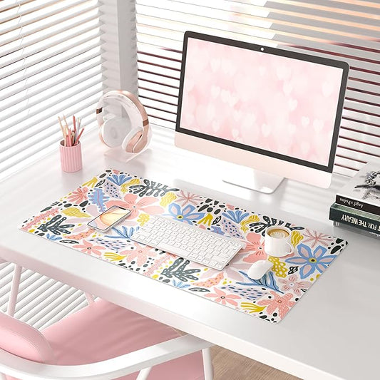 QIYI Floral Large Mouse Pad, Cute Desk Mat for Desktop, Women Girls Desk Accessories Office Décor, PU Leather Waterproof Big Gaming Mousepad, Doodle Flowers Desk Pad Computer Mat, 31.5" x 15.7"