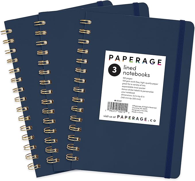 PAPERAGE Lined Spiral Journal Notebook, (Navy), 3 Pack, 160 Pages, Medium 5.7 inches x 8 inches - 100 GSM Thick Paper, Hardcover, Double-Wire Spiral Journal & Notebook