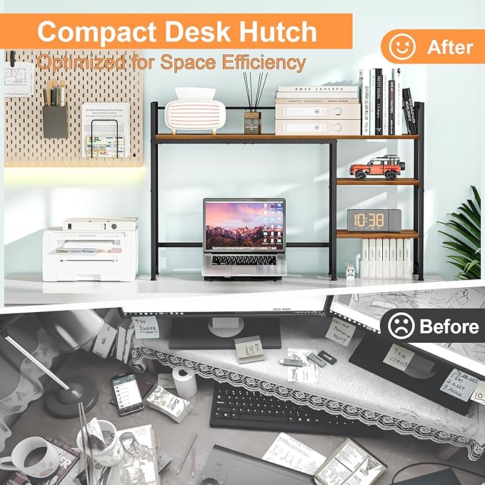 Snughome Desk Shelf, 44.9" Large Desktop Organizer Shelf, Desk Hutch for Computer Monitor, 4 Tier Desk Top Display Rack, Wood Desktop Bookshelf Storage Rack for Home Office Dorm