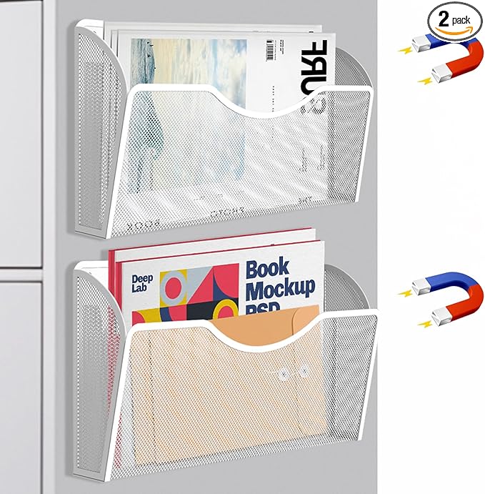 2 Pockets Magnetic File Holder for File Cabinets, Folder Holder Organizer- No Drilling Paper Document Holder, Large Capacity Office Hanging Magazine Rack for Refrigerator, Whiteboard, Office, Kitchen