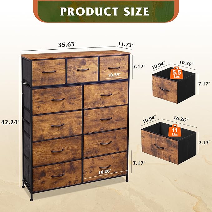 WLIVE Tall Dresser for Bedroom, Fabric Dressers Storage Tower, Dresser & Chest of Drawers Organizer Unit with 11 Drawers, Storage Cabinet, Hallway, Closets, Steel Frame, Wood Top, Rustic Brown