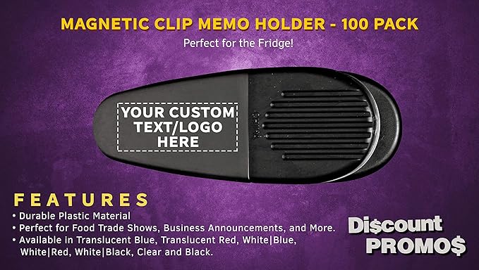 100 Magnetic Memo Holders Set - Customizable Text, Logo - Large Clip, Plastic - Black