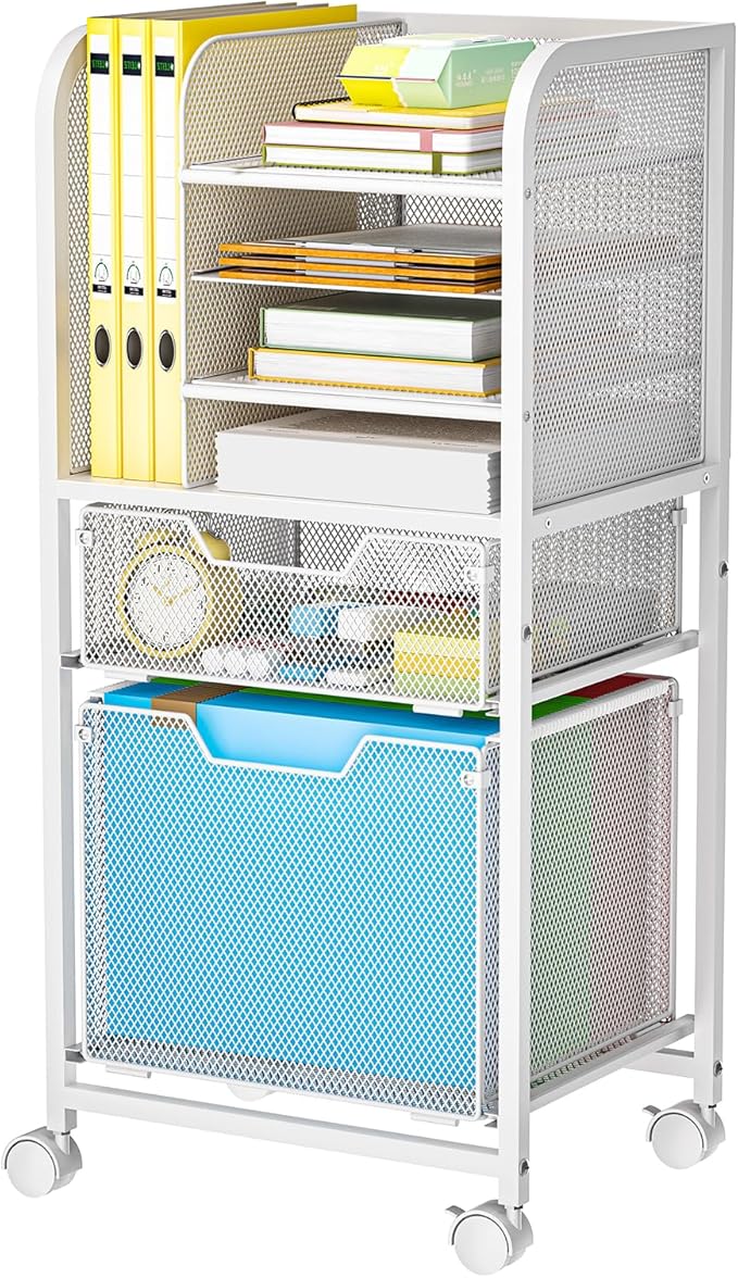 Feyejade Rolling File Cart with 2 Drawers, White File Cabinet Organizer for Hanging File Folders, Letter-Size File Storage with Wheels, Multi-Layer Mobile Filing Cabinet for Office and Home, White