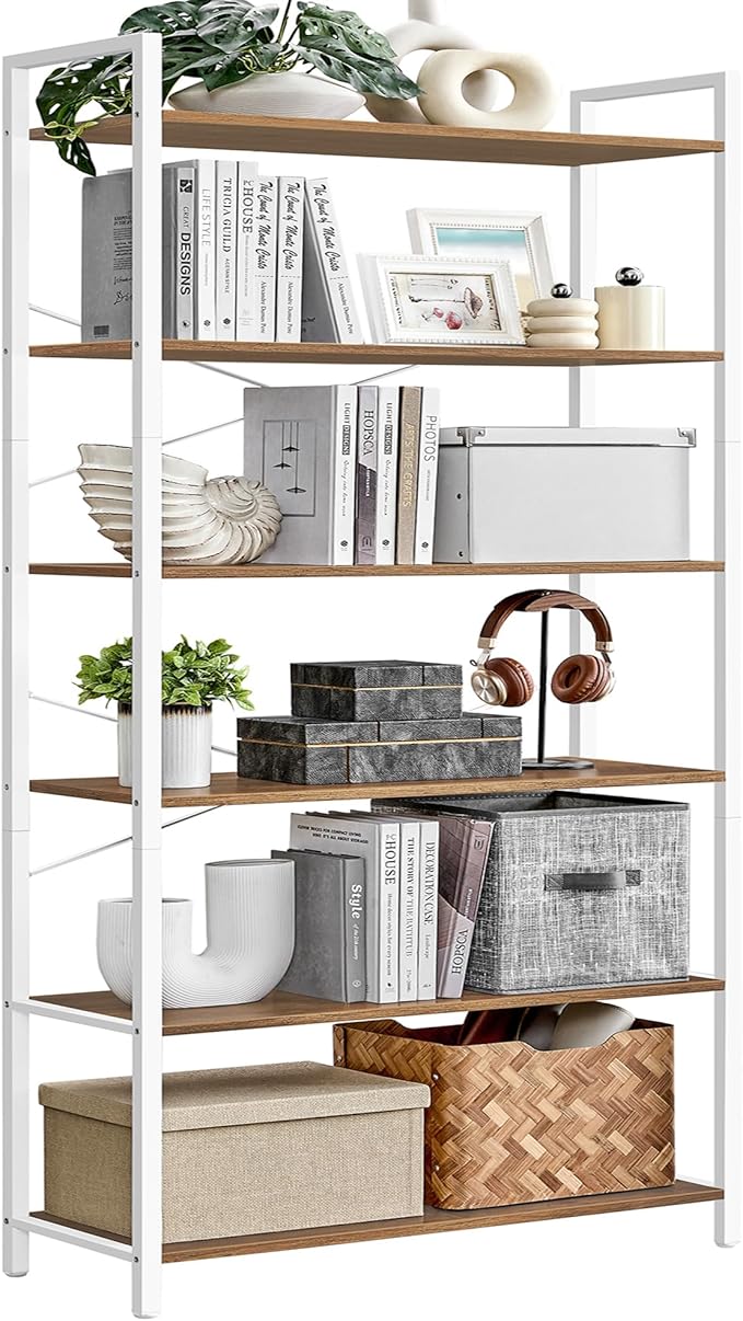 VASAGLE 6-Tier Bookshelf, Bookcase with Steel Frame, Book Shelf for Living Room, Home Office, Study, 11.8 x 31.5 x 73.2 Inches, Industrial Style, Honey Brown and Cloud White ULLS082K01