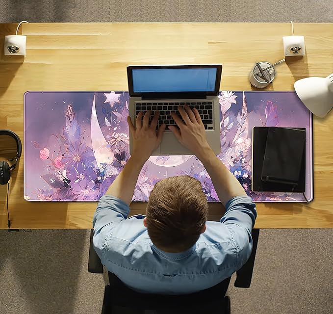Cool Kawaii Pastel Purple Floral Desk Mat Mouse Pad Large Gaming Mousepad Spiritual Full Moon XL Extended Desk Pad Laptop Keyboard Mouse Mat, Cute Deskmat for Women Office Decor 31.5''x11.8''