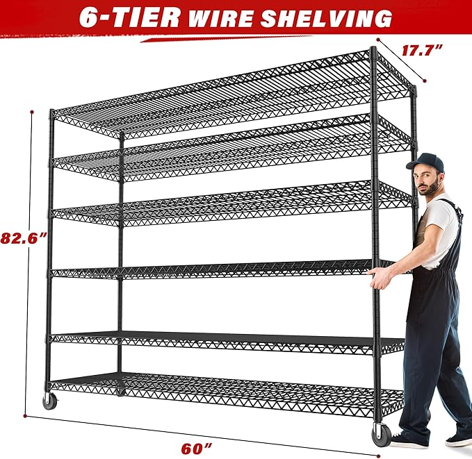 REIBII 60''W X 82.6" H Steel Heavy Duty Wire Shelving Unit with Wheels, 6-Tier Adjustable Storage Shelves 3598LBS Commercial Metal Shelves for Pantry, Garage, College Dorm Industrial Shelving, 2 Pack
