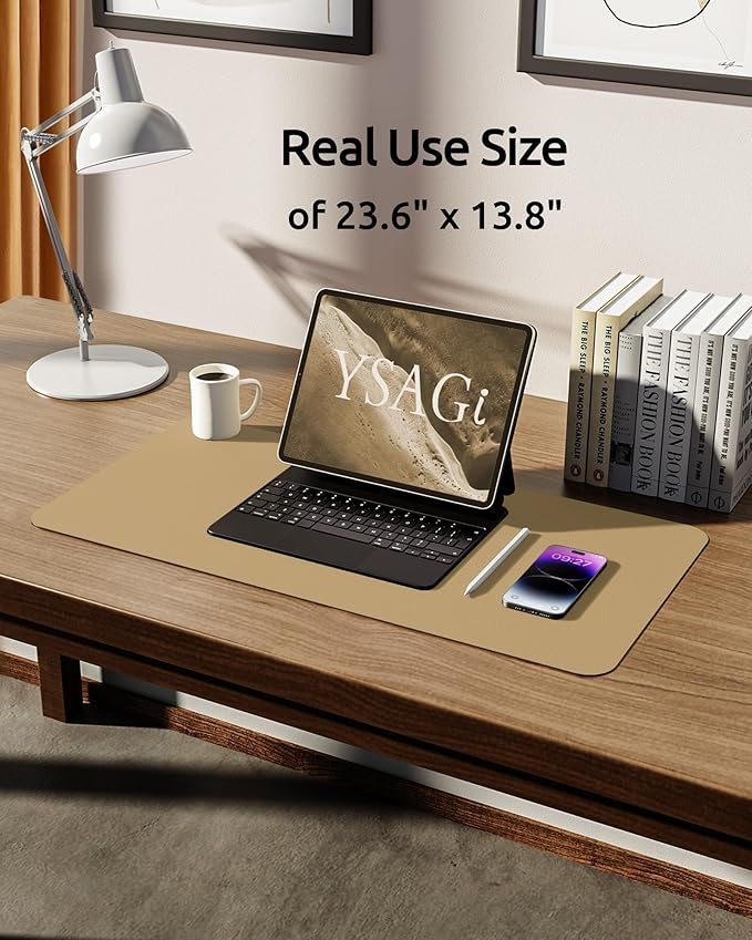YSAGi Leather Desk Protector, Office Mat, Large Mouse Pad, Non-Slip PU Leather Blotter, Laptop Desk, Waterproof Writing Pad for Office and Home (Latte, 23.6" x 13.8")