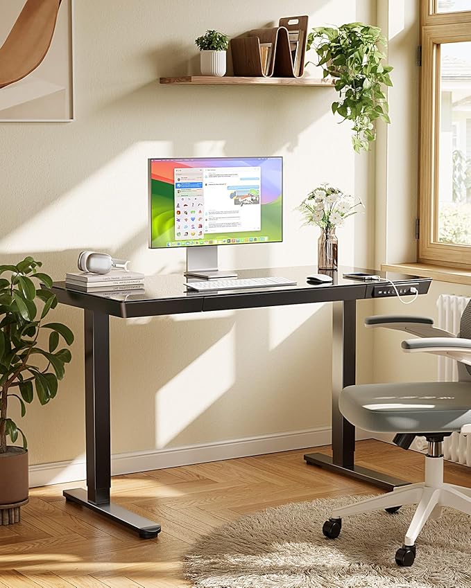 Marsail Glass Standing Desk with Drawer,55 x 28 inch Electric Standing Desk, Sit Stand Desk with One-Piece Tabletop & USB Charging Ports, Height Adjustable Desk with Storage for Home & Office Black