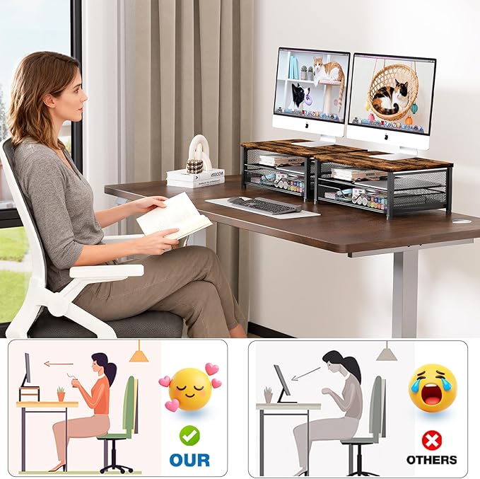 OPNICE Wood Computer Monitor Stand Riser, Desk Organizer with Drawer, Laptop Stand, Office Desk Accessories & Workspace Desktop Organizers Storage for Office Supplies(Brown)