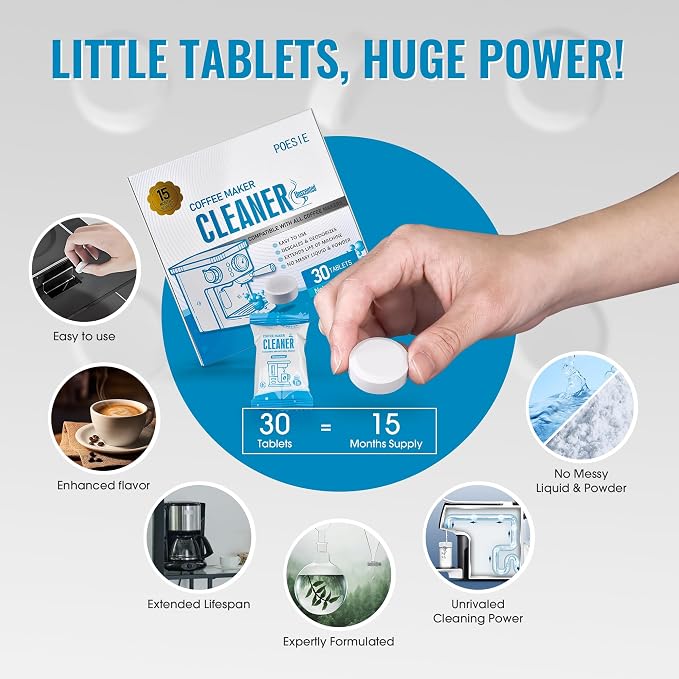 Poesie 30 Count Coffee Machine Cleaning Tablets, Coffee Maker Cleaner and Descaler for All Coffee Machine