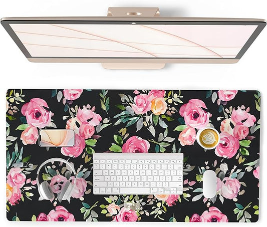 QIYI Large Mouse Pad, Floral Desk Mat for Desktop, Women Girls Watercolor Pink Flowers Office Décor Desk Accessories, PU Leather Waterproof Gaming Mousepad, Black Desk Pad Computer Mat, 31.5" x 15.7"