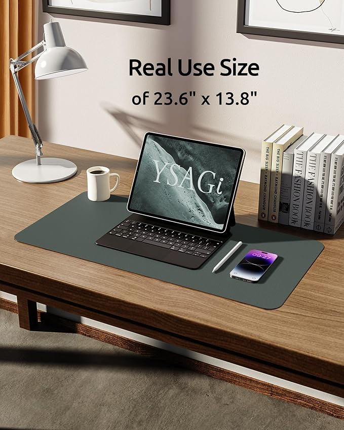 YSAGi Leather Desk Pad Protector, Office Desk Mat, Large Mouse Pad, Non-Slip PU Leather Desk Blotter, Laptop Desk Pad, Waterproof Desk Writing Pad for Home (23.6" x 13.8", Dark Green)