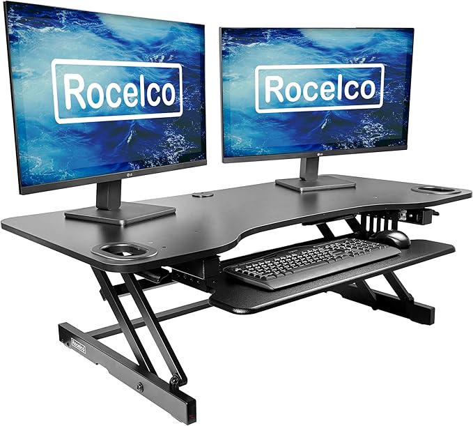 Rocelco 45" Height Adjustable Standing Desk Converter - Slide Out Retractable Keyboard Tray - Sit Stand Up Triple Monitor Riser - Dual Piston Lift Tabletop Computer Workstation - Black (R ADRB-45)