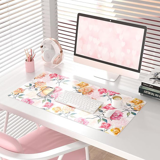 QIYI Floral Mouse Pad, Watercolor Flowers Desk Mat for Desktop, Women Girls Office Décor Accessories, PU Leather Waterproof Gaming Mousepad, Pink Yellow Peonies Desk Pad Computer Mat, 31.5" x 15.7"